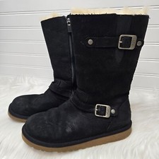 UGG Australia Kensington Black Leather Boots w/ Buckles Moto Style Women's Sz 5