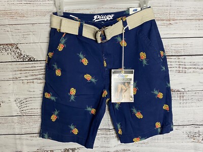 Plugg Men s Blue Pineapple Shorts With Belt Stretch And Flex Waist Size 29 NWT