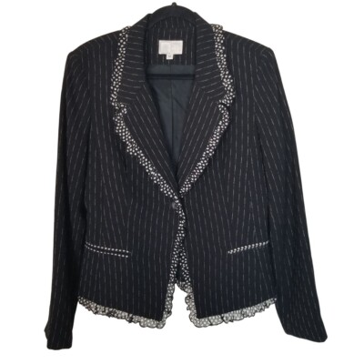 Alberto Makali Womens 12 Black Pinstripe Polka Lace Trim 1-Button Blazer  Jacket