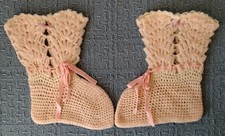 Antique Handmade BABY BOOTIES Cream Wool Pink Ribbon Ties