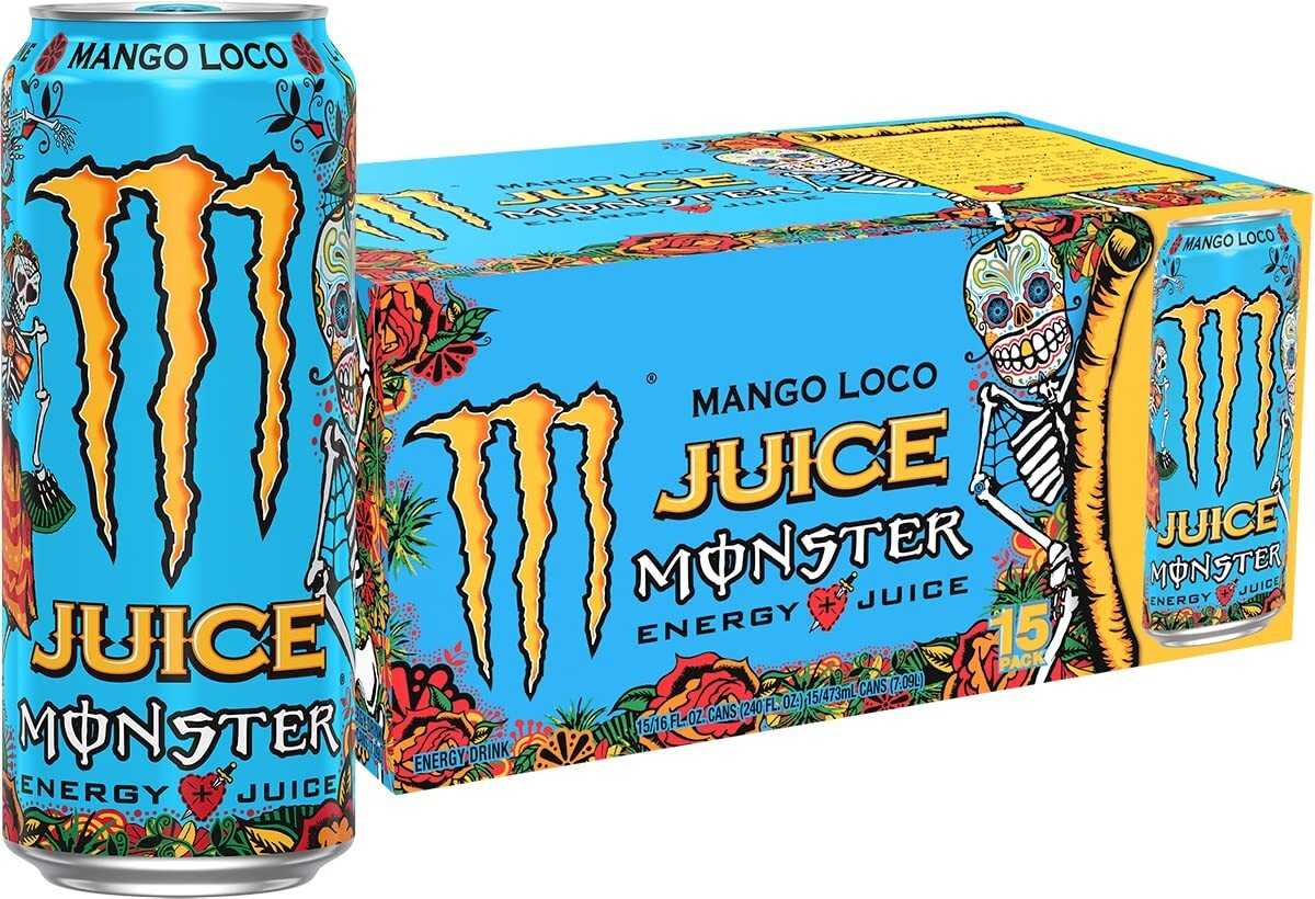 (Paquete de 15) Bebida deportiva Monster Exotic Mango Loco, energía + jugo, 16 fl oz