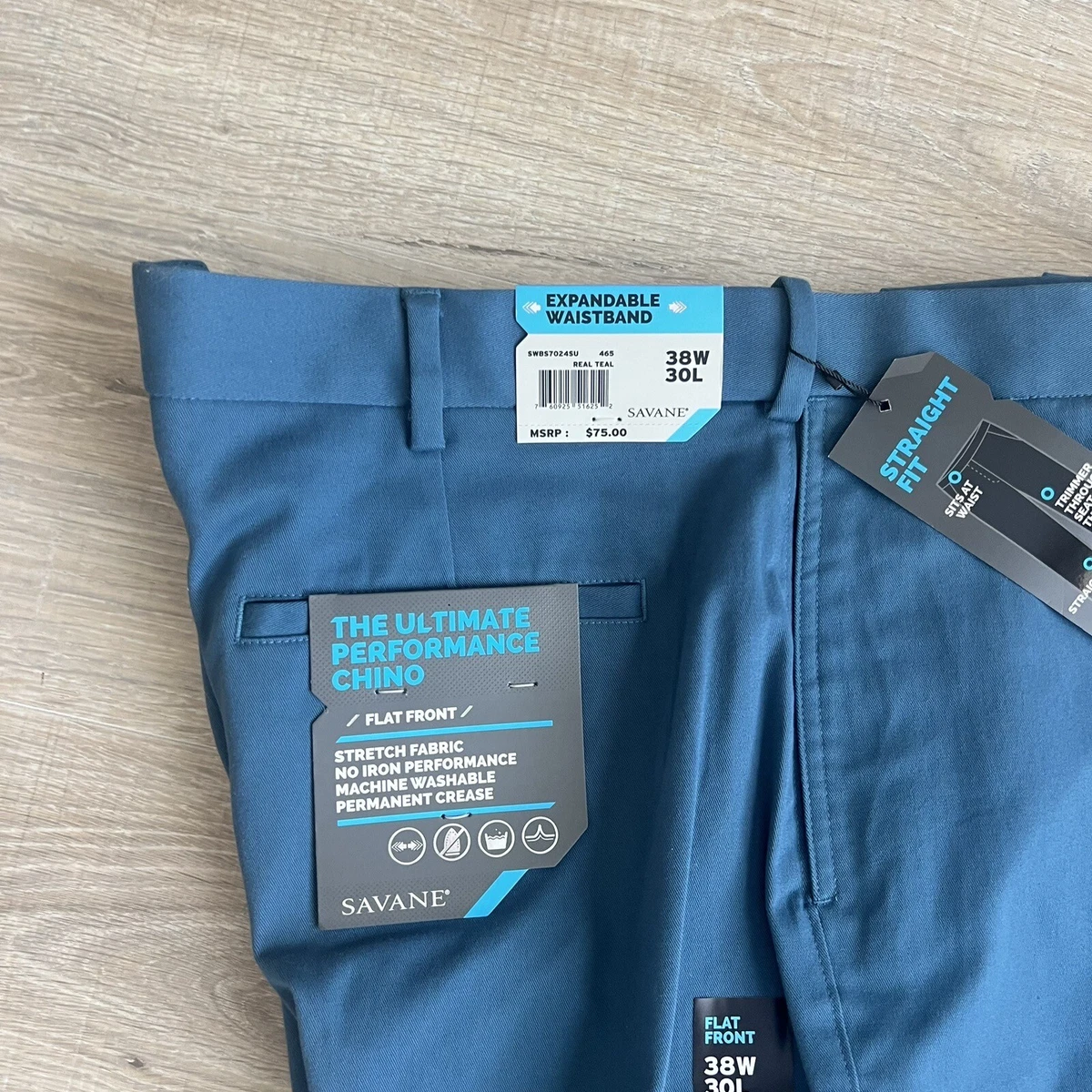 Savane Dress Pants Expandable Waist Real Teal Straight Fit Mens 38 x 30 NWT 75