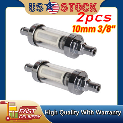 2PCS 9748 Universal Fuel Filter  Clear View Inline 3/8'' Chrome Hose Barb Petrol