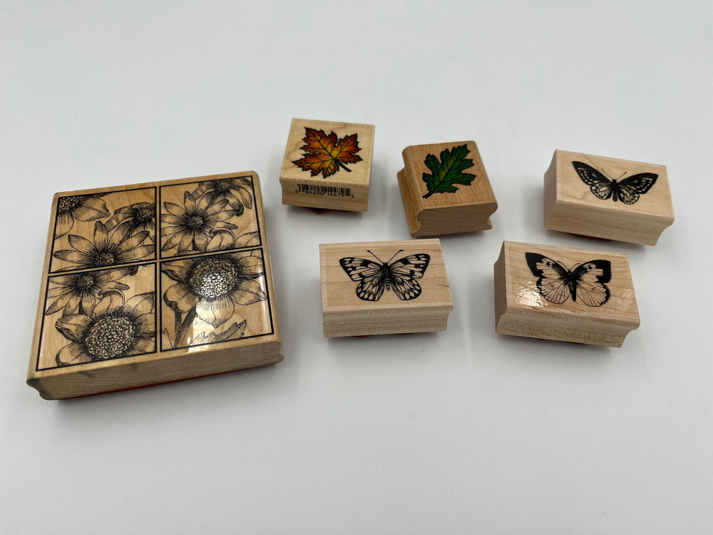 Set of 3 WOOD Block Stamps Set of 6, Nature Themed, Impression Obsession, USED