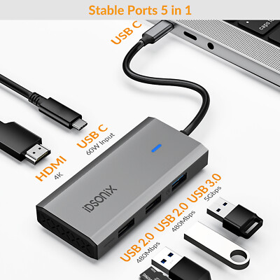 5 in 1 USB C HUB, Docking Station, USB C Adapter mit 4K@30Hz HDMI, USB3.0 PD 60W