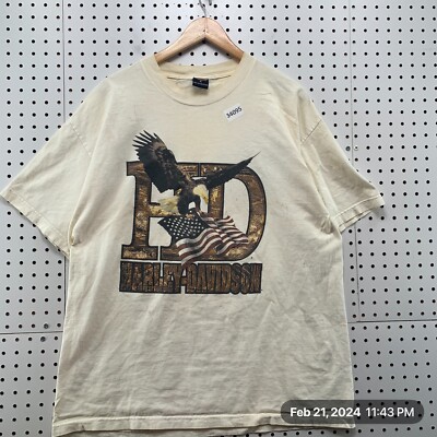 Vintage Harley Davidson Shirt Mens XL Beige Eagle USA Flag Motorcycle 22.5X29.5