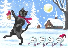 5x7 PRINT OF PAINTING RYTA CHRISTMAS WINTER SNOWMAN BLACK CAT LANDSCAPE ART 