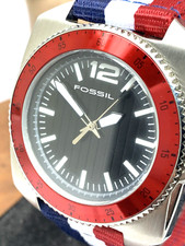 Fossil Men's Watch WB1042 Quartz Black Dial 38mm Red Blue White Nylon Strap