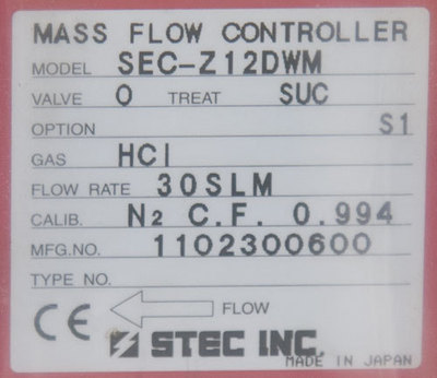 NEW Horiba STEC SEC-Z12DWM HCl 30 slm Mass Flow Controller NEW Horiba STEC SEC-Z12DWM HCl 30 slm Mass Flow Controller