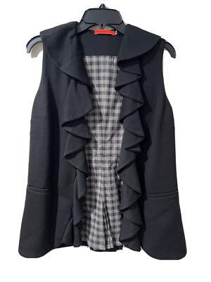 Alice Olivia Ruffle Ponte Knit Lined V-Neck Open Vest Cardigan