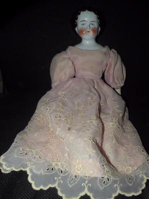 ANTIQUE CHINA HEAD DOLL 20'' T GERMAN HEAD MARKED ON INTERIOR W/ A ''X'' #7 BACK