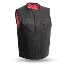 Men's Bandit Leather Motorcycle Vest - FIM636CDM RED-WHITE