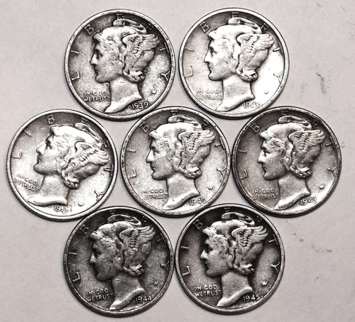 (7) Mercury Dimes - 1939 1940 1941 1942 1943 1944 1945 - VF/XF - #0550ED