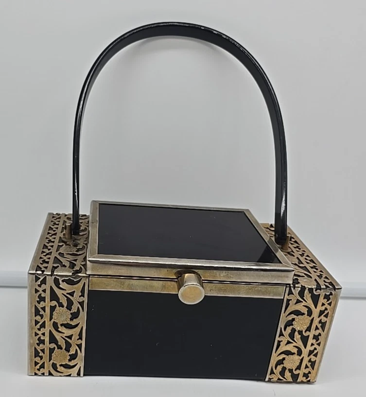 Rare Vintage Tyrolean NY 1930s Lucite Box Black Metal Purse Filagree Handbag - Image 4 of 4