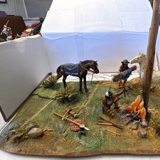 Wildwest Diorama Lagerfeuer mit Indianerfiguren & 2 Pferden, Masse/Kunststoff