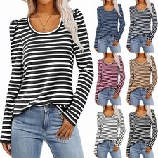 UK Womens Casual Tops Tee Shirts Long Puffs Sleeves Striped Blouse Pullover SIZE