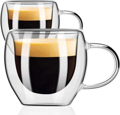 PARACITY Espresso Cups Set of 2, Double Walled Espresso Shot Glass with Handle,