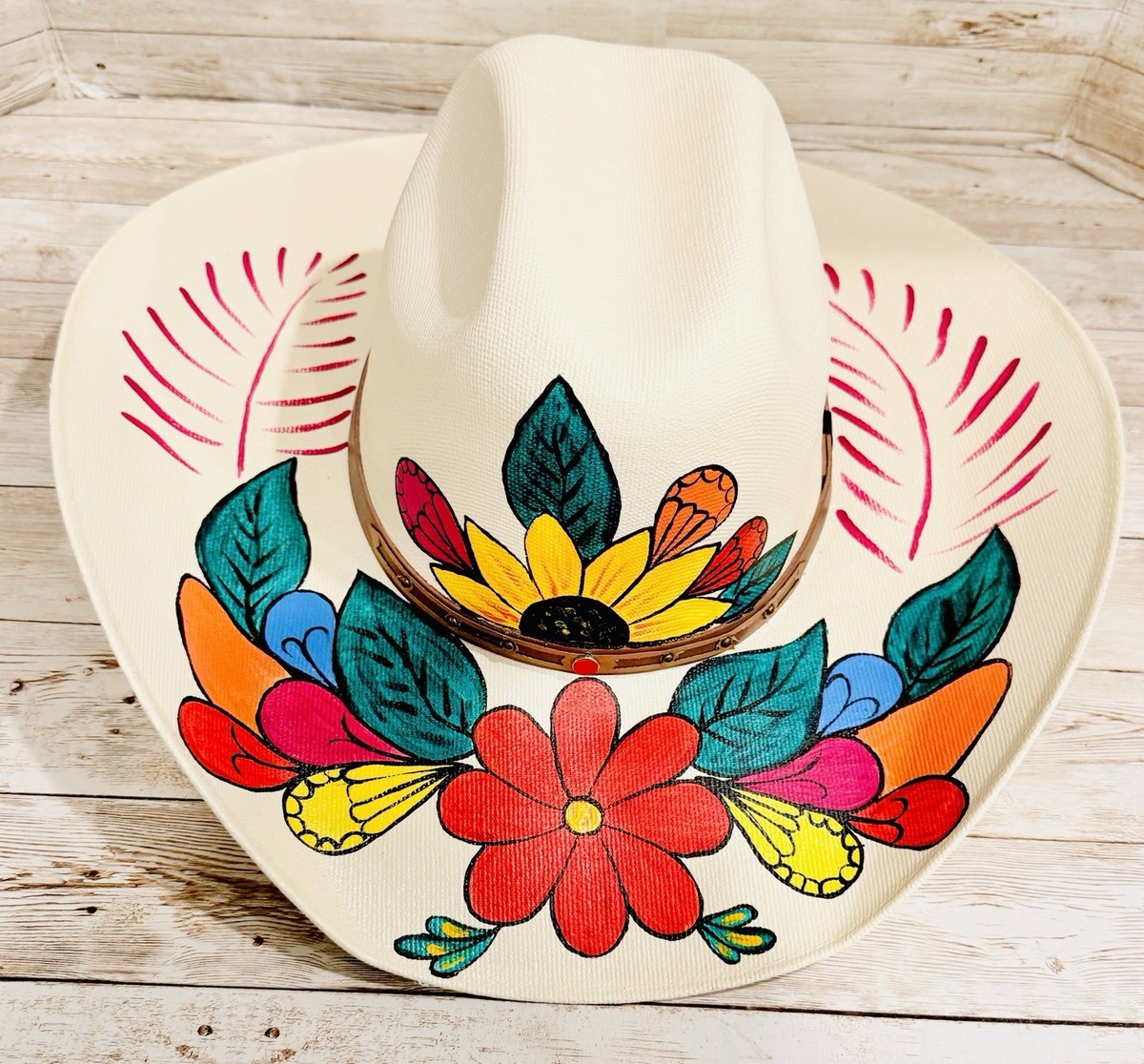 Hand Crafted Painted Floral Cowboy Hat - Cream, Red, Yellow, Green Hand-painted Yellow Cowgirl Hat – Floral Suede Western  main image 2