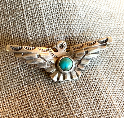 5 DAY SALE Old Navajo Thunderbird Turquoise Handmade  Sterling Silver Pin Brooch