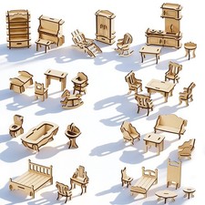 DIY Wooden Dollhouse Furniture Set, 3D Puzzle Miniature Room Accessories, Nat...