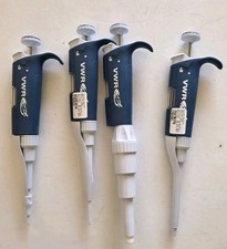 Set of 4 VWR Ergonomic Adjustable Pipettes 2-20uL 1-10uL 20-200uL 500-5000uL Lab