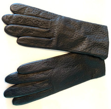 Black Gloves Genuine Leather Natural Pores Ivory Nylon Lined Women's Size Medium