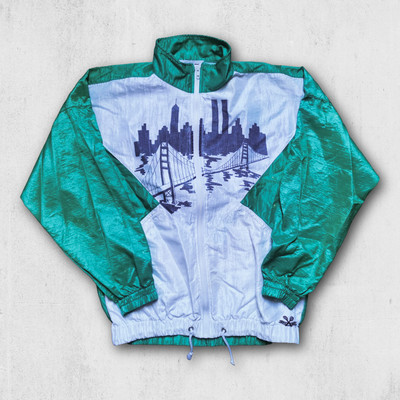 Vintage 90s  Trackjacket Skyline Twin Towers NY SF Italy Nylon Green White XL