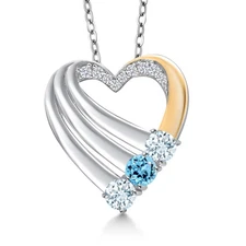 925 Silver and 10K Yellow Gold Aquamarine and Swiss Blue Topaz and White Lab
