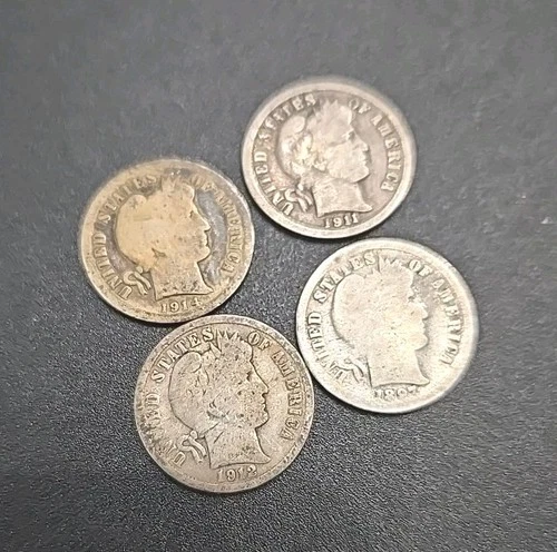 Barber Dime -assorted lot of four (4) coins including 1887, 1911, 1912, 1914