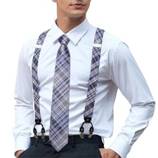 Men's Suspenders and Tie Set Silk Adjustable Elastic Y Braces with A Grey