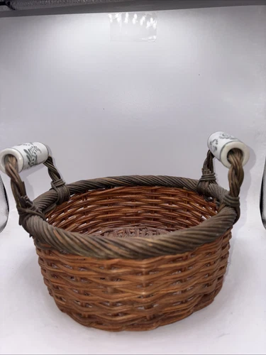 Wicker Farmhouse Hand Woven Basket with Ceramic Green And White Handles 8x3”