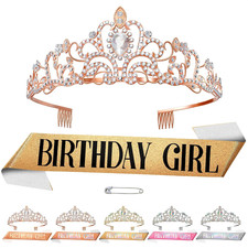Birthday Tiara and Sash for Women, Satin and Rhinestone