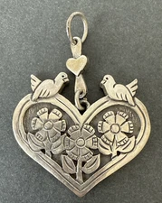 JEEP COLLINS Valentine Pendant Unique STERLING Large Floral Heart with Doves
