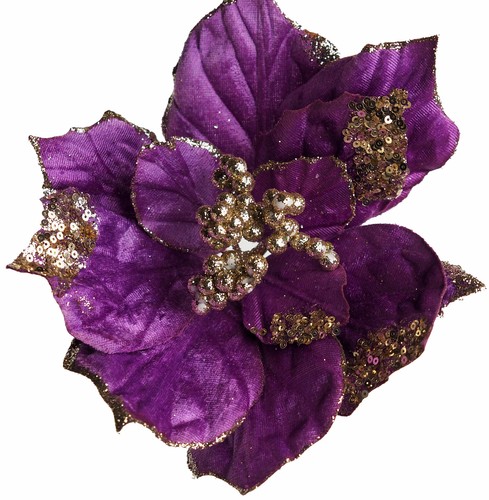 Clip-on Christmas Poinsettia Flower Decorations 21cm - Purple & Gold (Set of 6) - Picture 2 of 3
