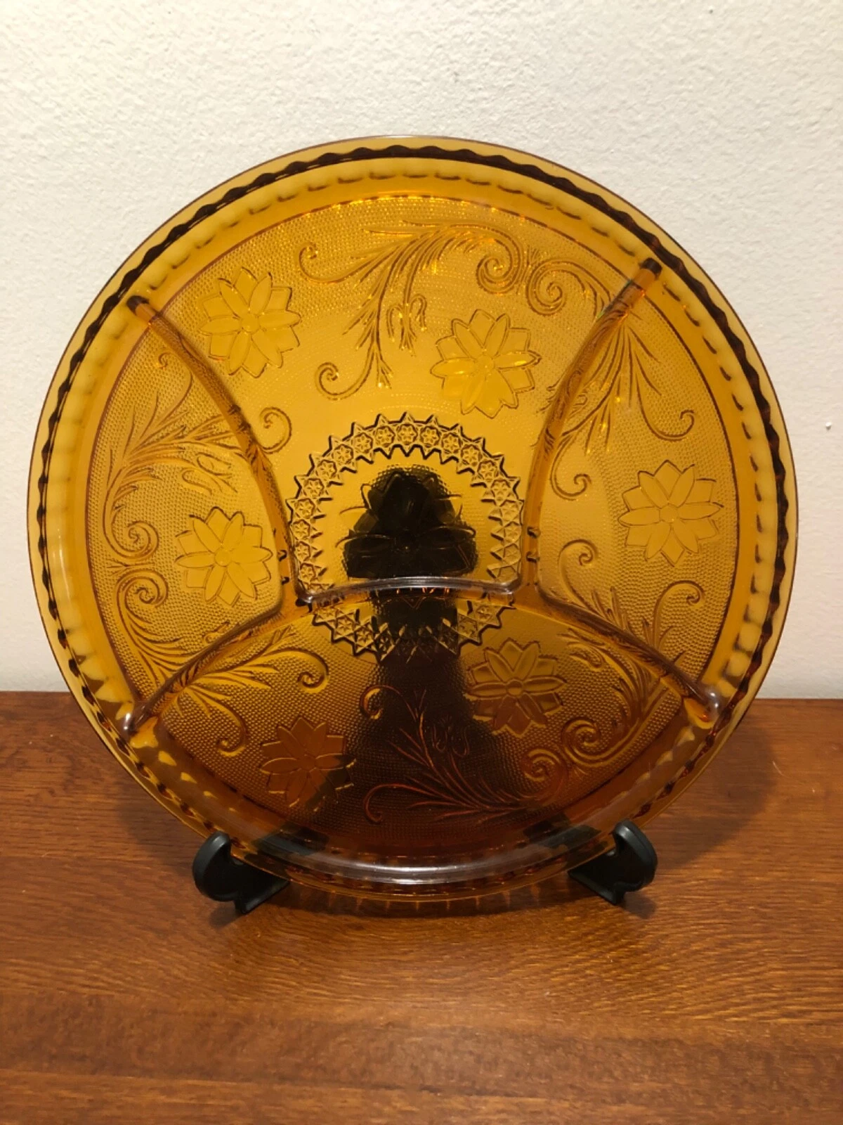 Tiara Indiana Glass Amber Sandwich 4 part Divided 10" Relish Tray Platter