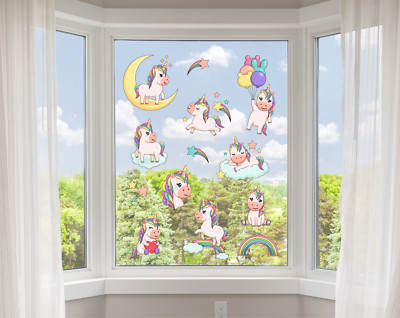 Einhorn Fensterklammern mit Glitzersternen und Schießregenbogen Vinyl Aufkleber