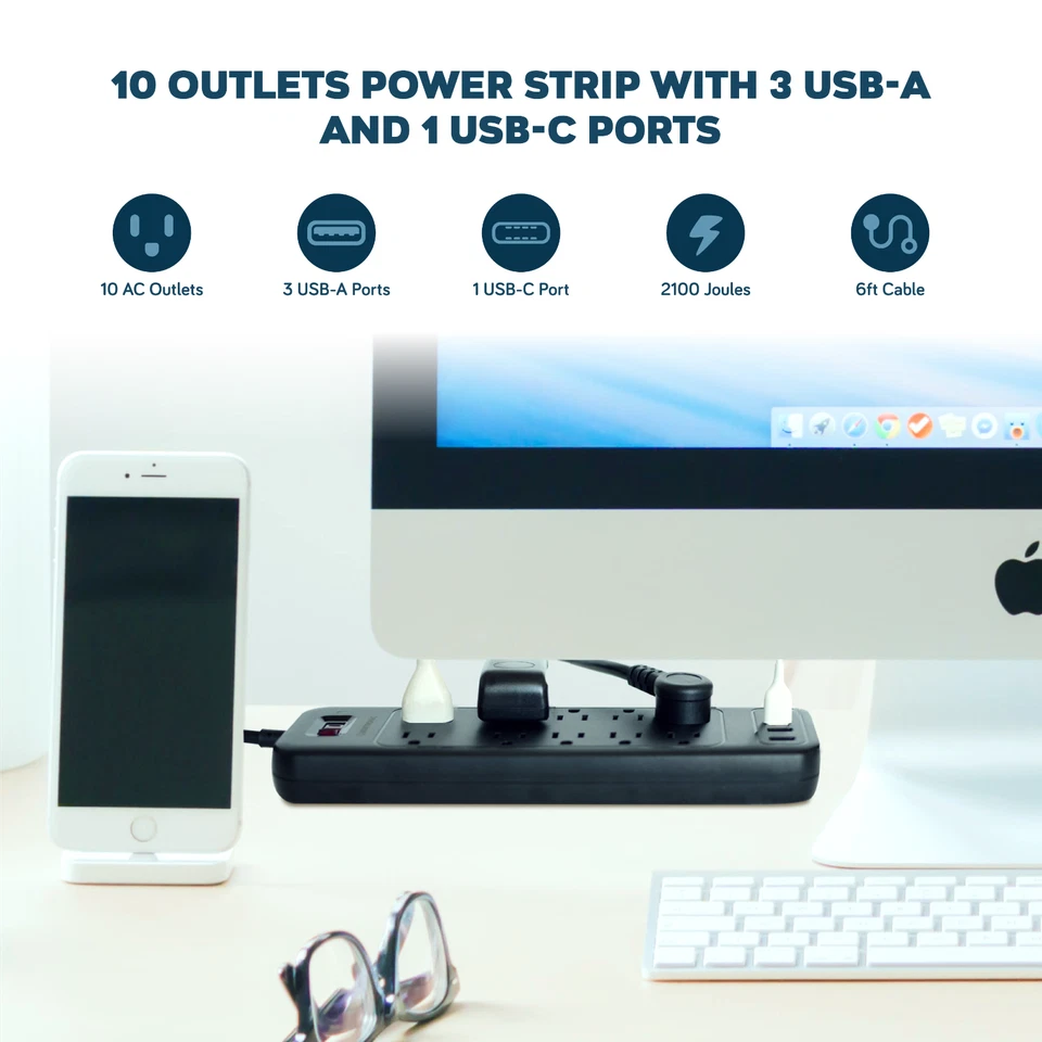Power Strip Surge Protector USB C 10 AC Outlets 3 USB A Fast Charge Black ETL. - Image 3 of 4