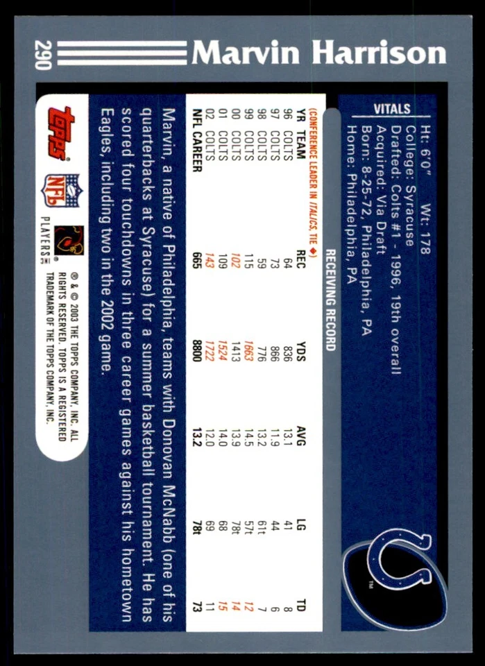 2003 TOPPS MARVIN HARRISON INDIANAPOLIS COLTS #290 - Image 2 of 2