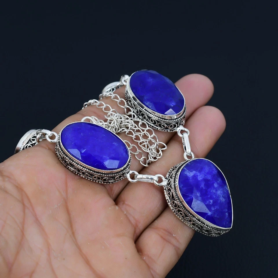 Collana In Zaffiro Blu In Argento Sterling 925 Gioielli Per Regali Di Compleanno - Immagine 2 di 4