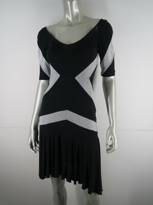 DVF Dress Mini Sz 4 S Black Silver Metallic Zig Zag Short Sleeve Aline Fit Flare