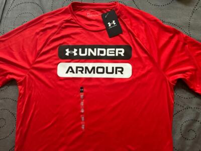 UNDER ARMOUR TECH HEATGEAR RED BLACK & WHITE LOOSE FIT SHIRT SIZE L MEN NWT $$$$