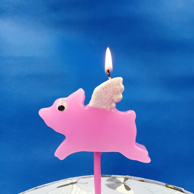 Flying Pig Pink Birthday Candle for Cake Sparkly Wings & Wobbly Eyes Cake Topper