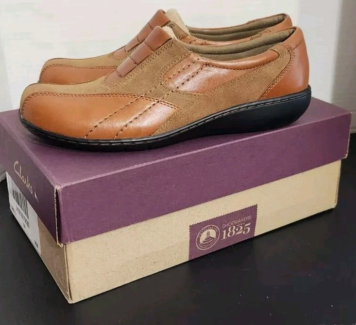 Mocassini Clarks donna pieghevoli bingo Q slip on in pelle marrone marrone marrone 8 5 NUOVI