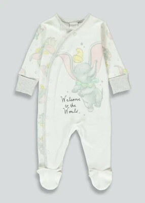 BNWT Disney Baby Girls Boys Unisex DUMBO Sleepsuit White Babygrow New Baby Gift