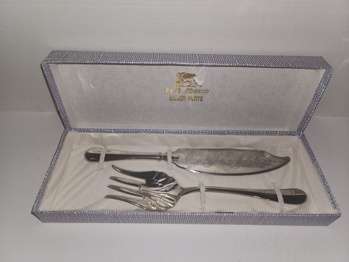 S MARCO ITALY VINTAGE SILVER PLATE FISH SERVERS AS NEW IN ORIGINAL BOX