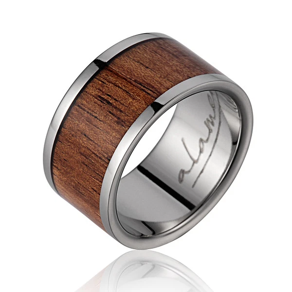 ANILLO DE BODA DE MADERA KOA HAWAIANO CON INCRUSTACIÓN GENUINA TITANIO 12 MM TAMAÑO 5-14 Foto 2 de 2