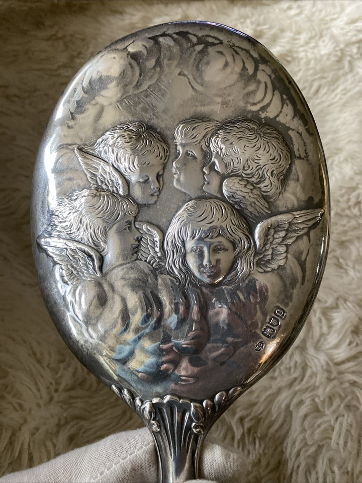 Sterling silver Antique Vanity Hand Mirror English Hallmarked Angels