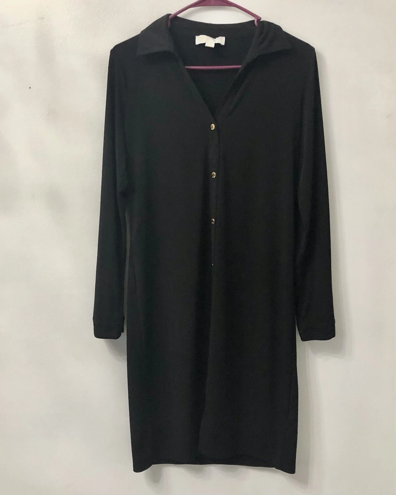 Michael Kors Camicia Vestito Donna Taglia Media Nero Bottoni Oro Manica Lunga
