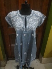 DENIM 100 COTTON M 40 41 LONG ETHNIC TOP HANDMADE CHIKAN EMBROIDERY KURTA KURTI