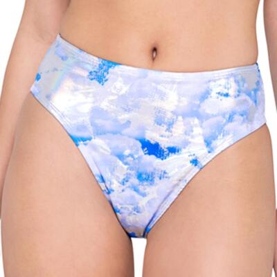 Cloud Print Shorts Sky High Waisted Cheeky Cut Metallic Blue White Silver 6296